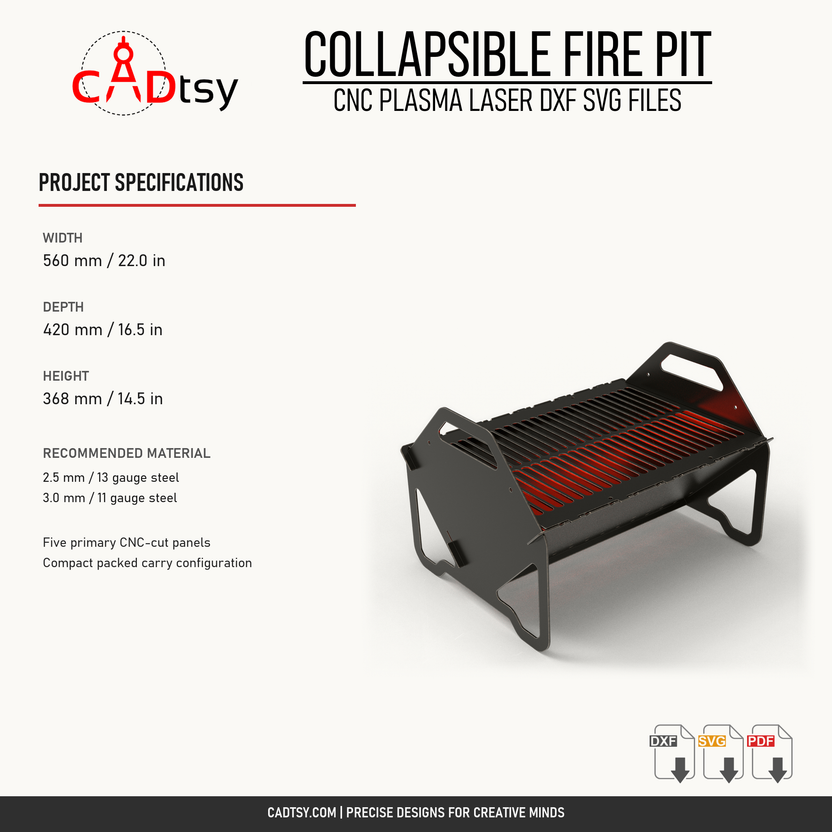 Verified dimensions and recommended sheet steel thicknesses for the collapsible fire pit