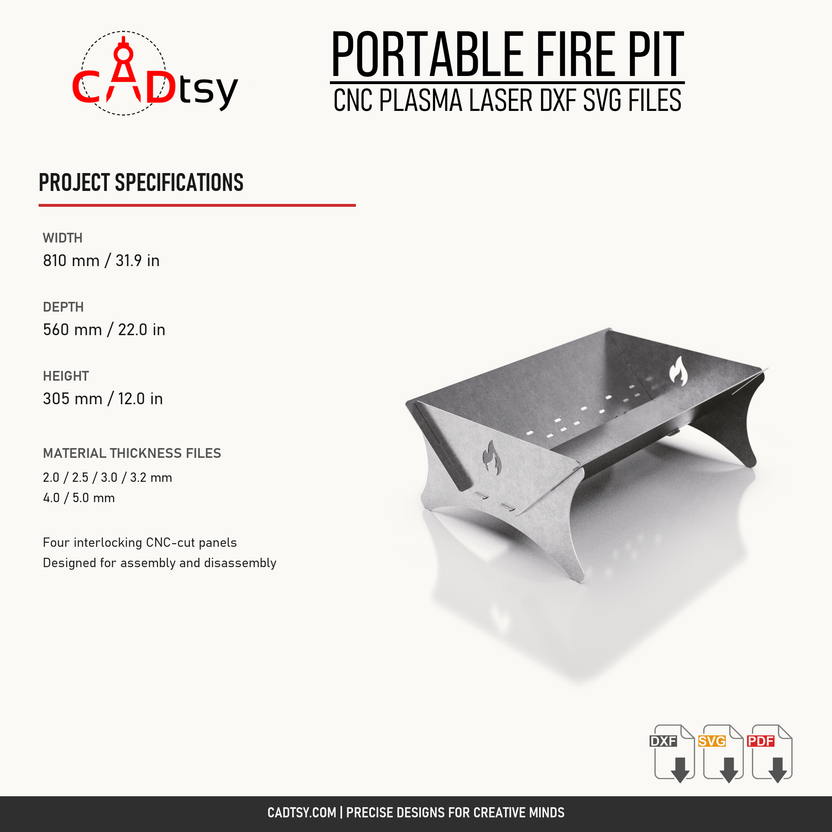 Finished dimensions and six material-thickness variants for the portable fire pit