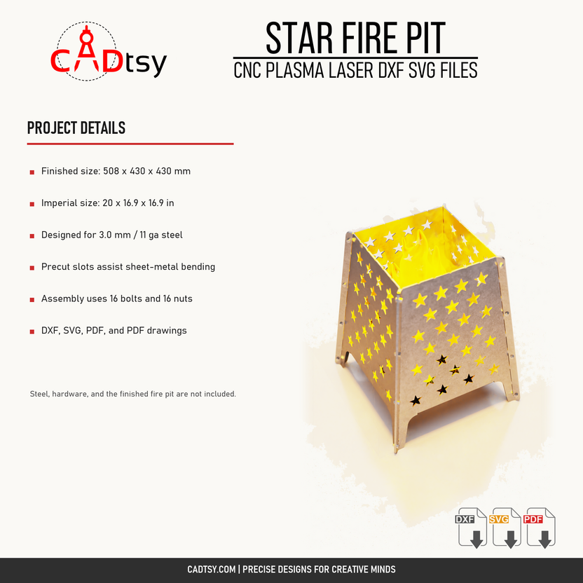 Star fire pit dimensions, steel thickness, bending, hardware, and included file details