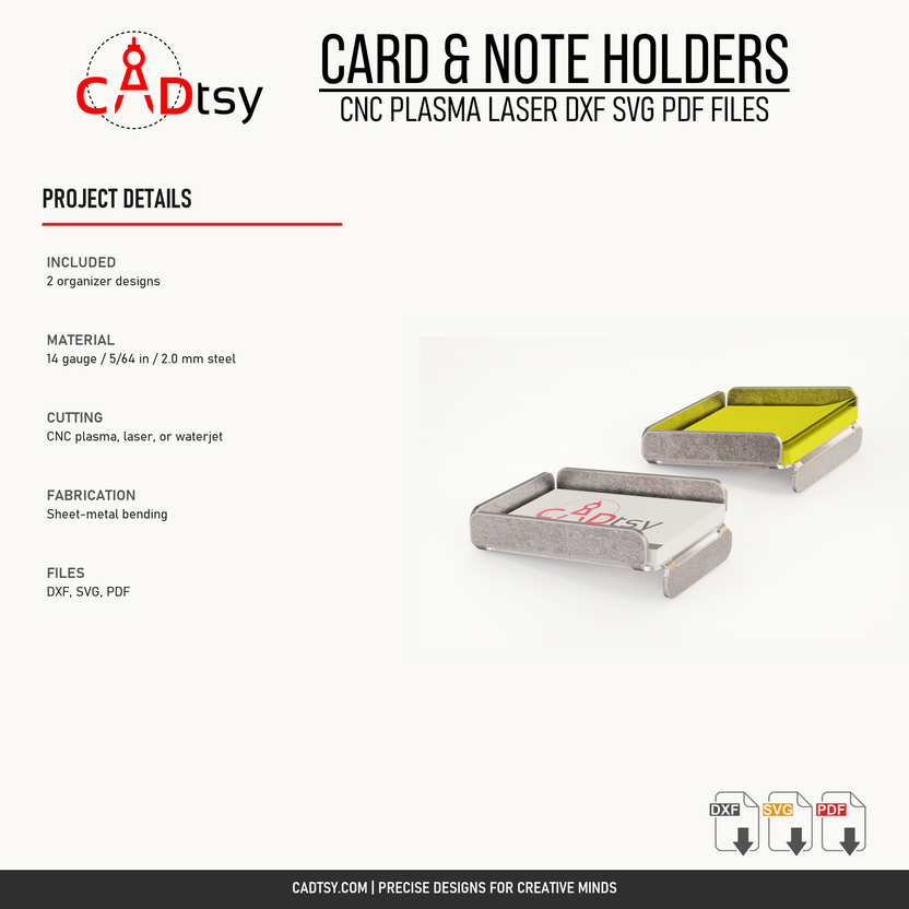 Two-design desk organizer project details, material, fabrication, and included file formats