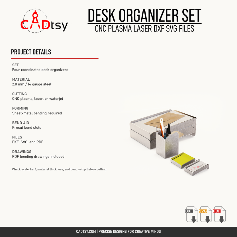 Material, cutting, forming, bend-slot, and included-file details for the desk organizer set