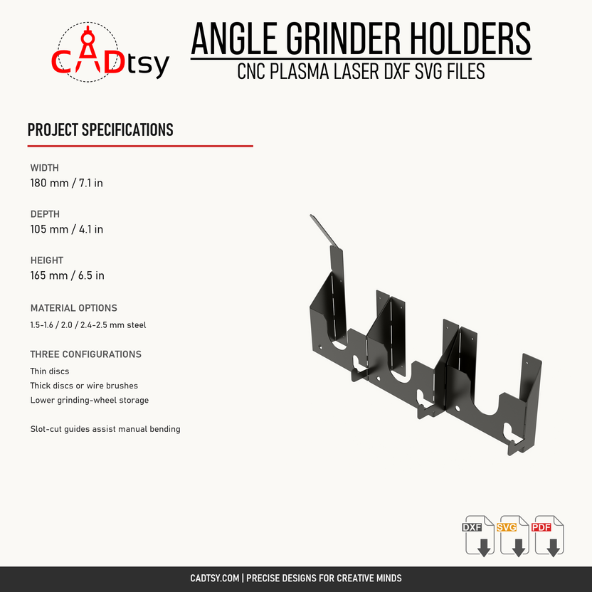 Dimensions, material options, and three configurations included with the angle grinder holder files