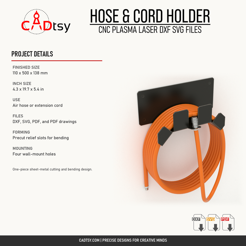 Hose and cord holder finished size, file formats, forming, and mounting details