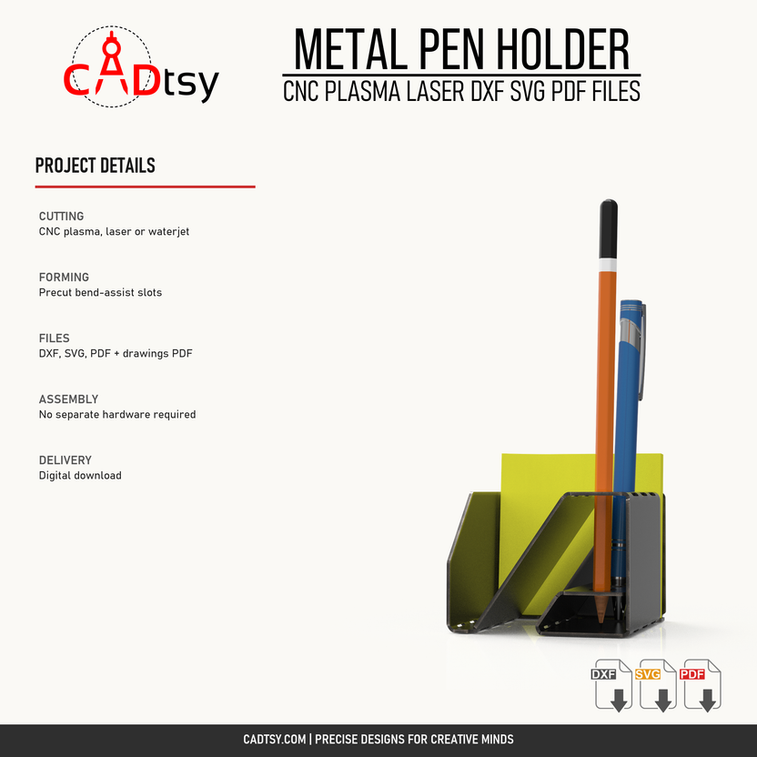 CNC cutting processes, bend-assist slots, included files, and digital delivery