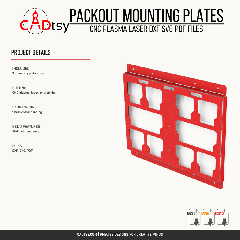 Mounting plate size count, CNC cutting, bending, bend features, and included file formats