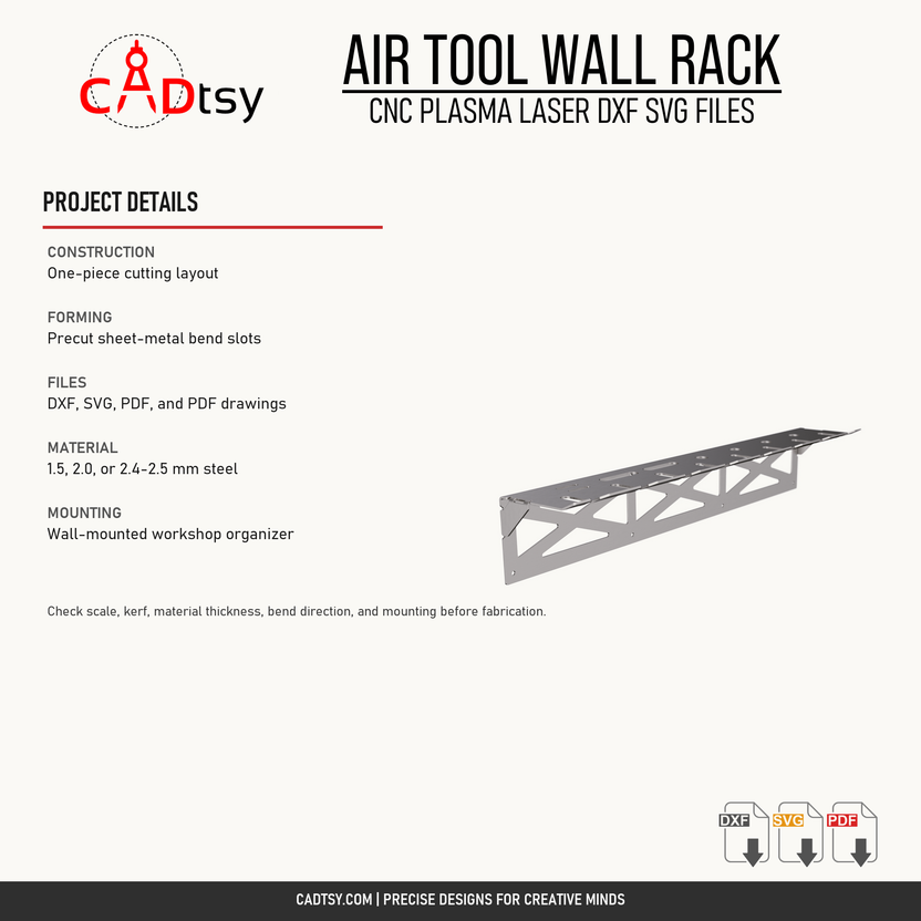 Air tool rack cutting layout, forming, included files, material, and mounting details