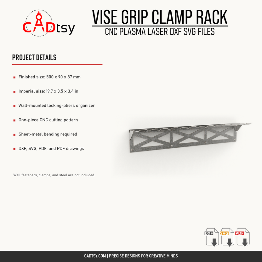 Vise grip clamp rack dimensions, fabrication, and included file details