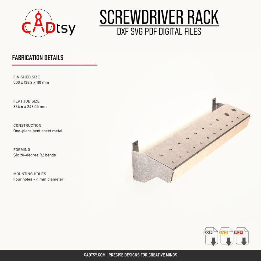Verified fabrication details for the one-piece bent metal screwdriver wall rack