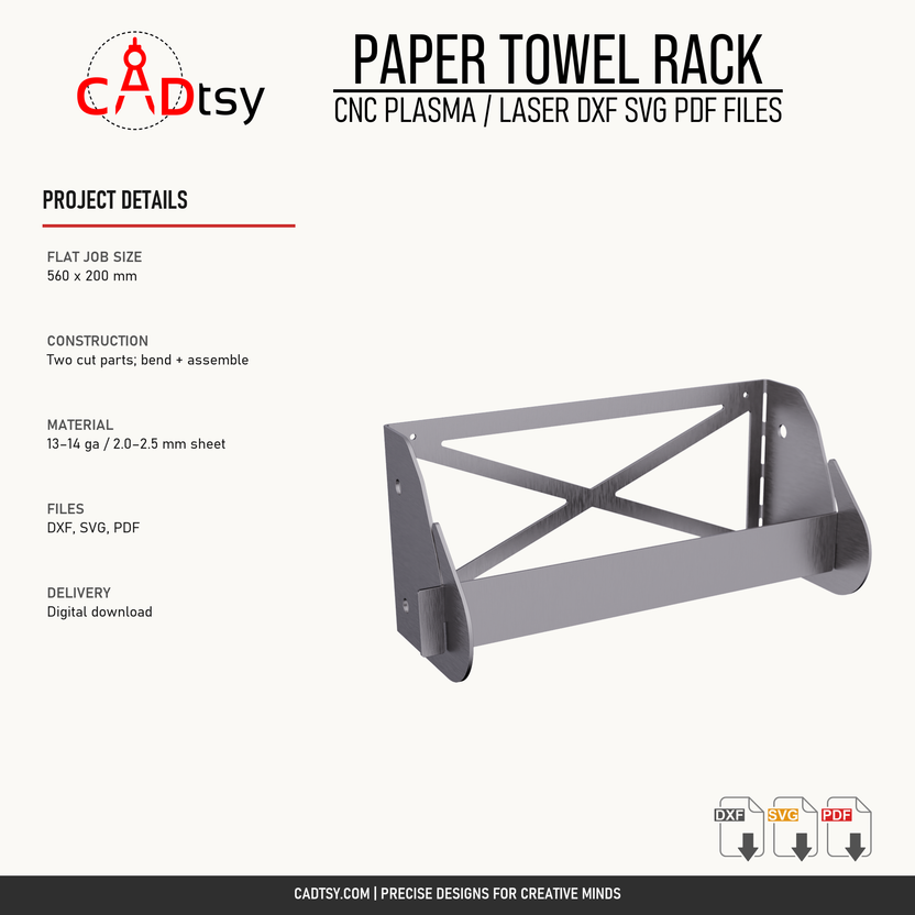 Paper towel rack flat job size, construction, material range, file formats, and digital delivery