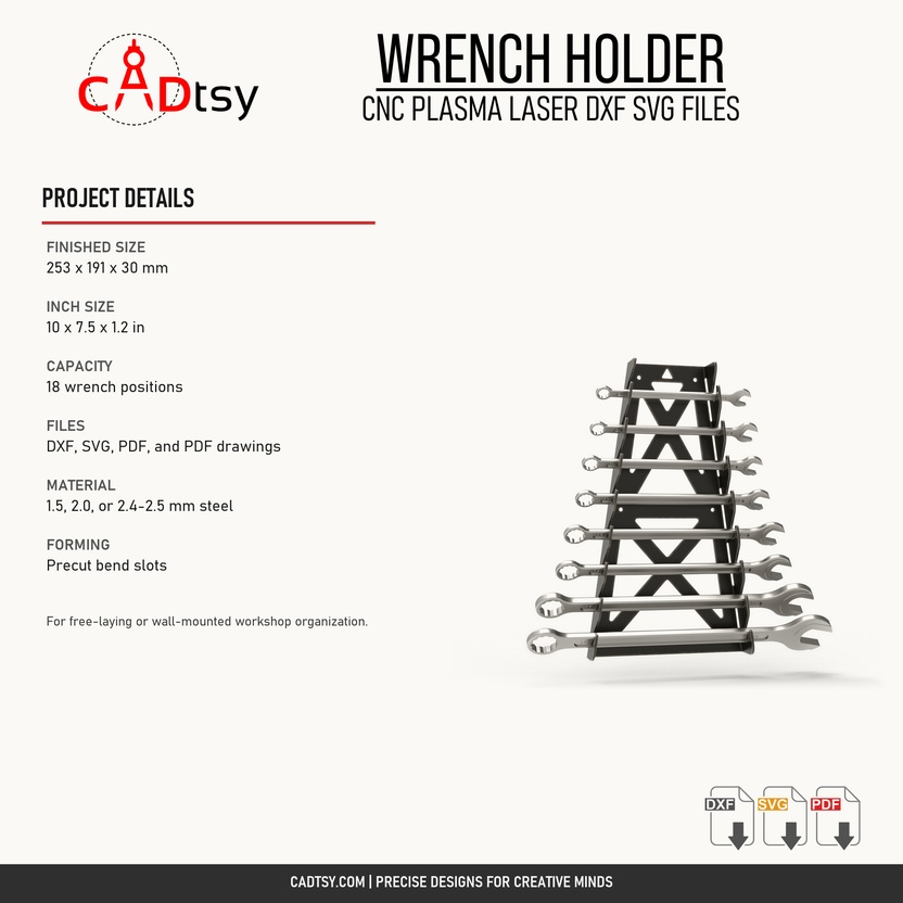Wrench holder dimensions, capacity, included files, material, and forming details