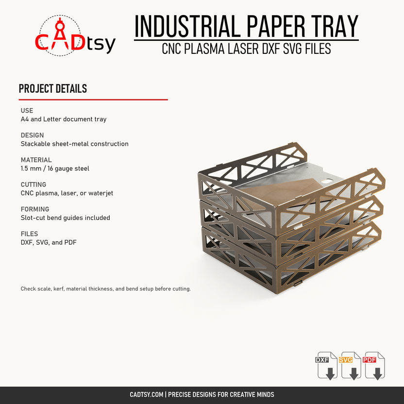 Material, cutting, slot-bending, and included-file details for the industrial metal paper tray