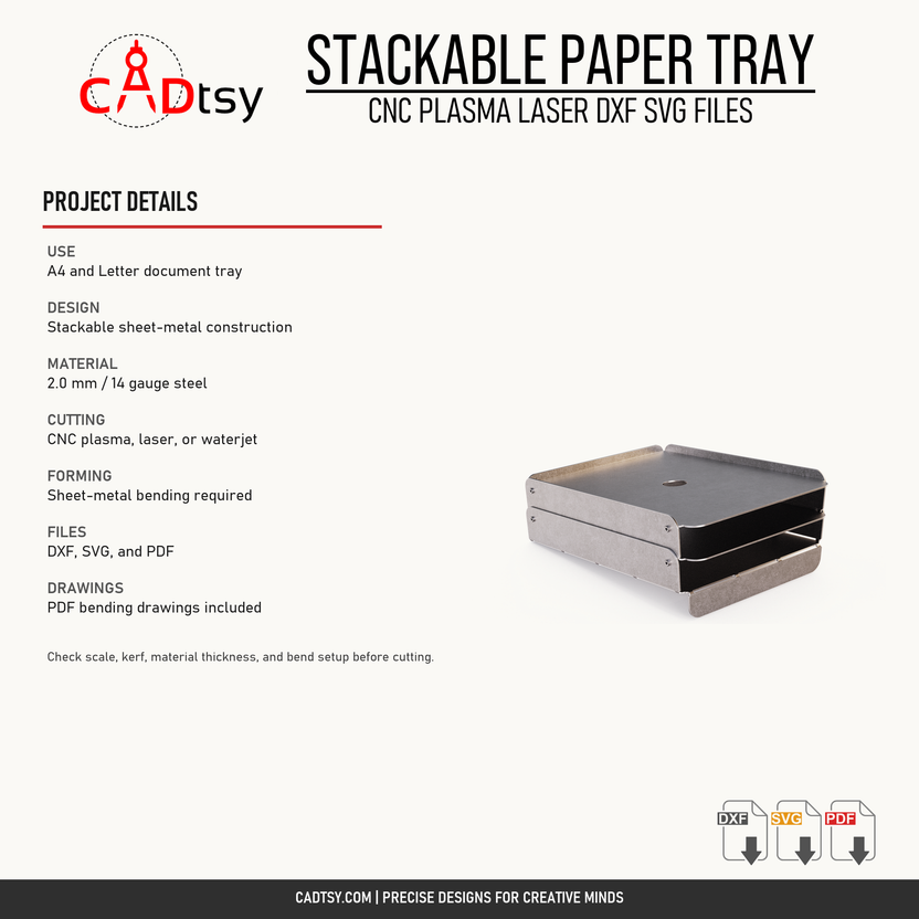 Material, cutting, bending, and included-file details for the metal paper tray