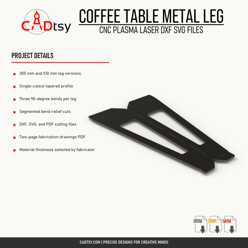 Included sizes, bend features, drawings, and file formats for the coffee table metal leg
