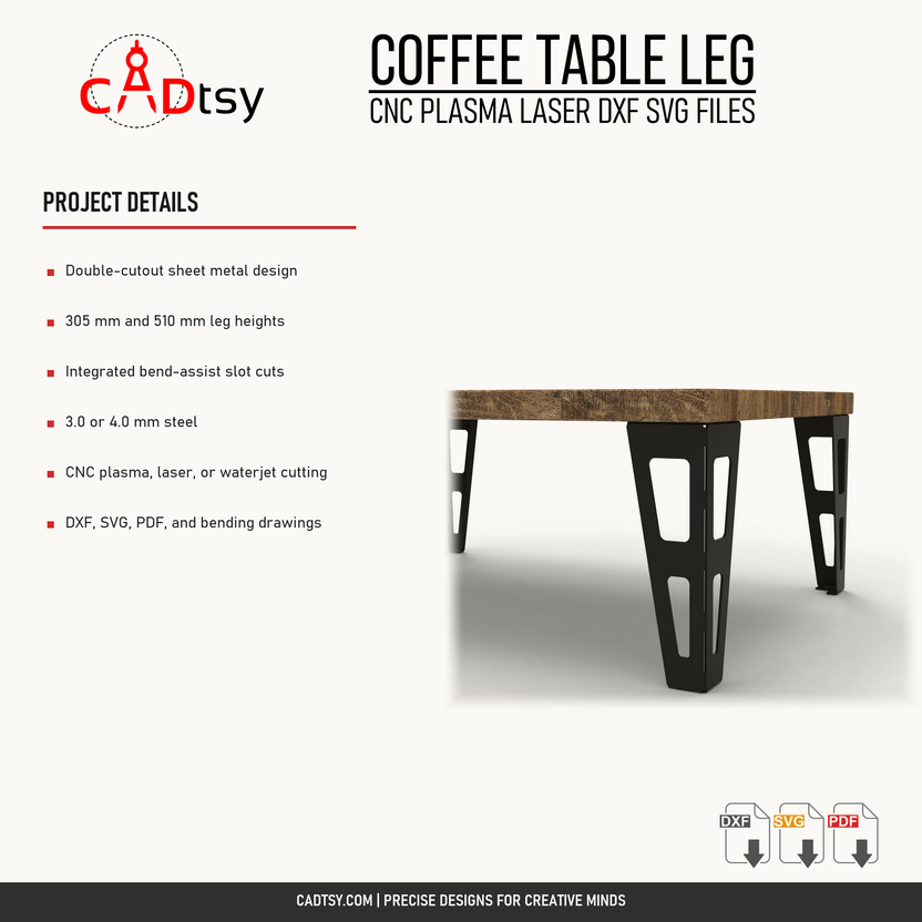 Double-cutout coffee table leg materials, fabrication, and included files