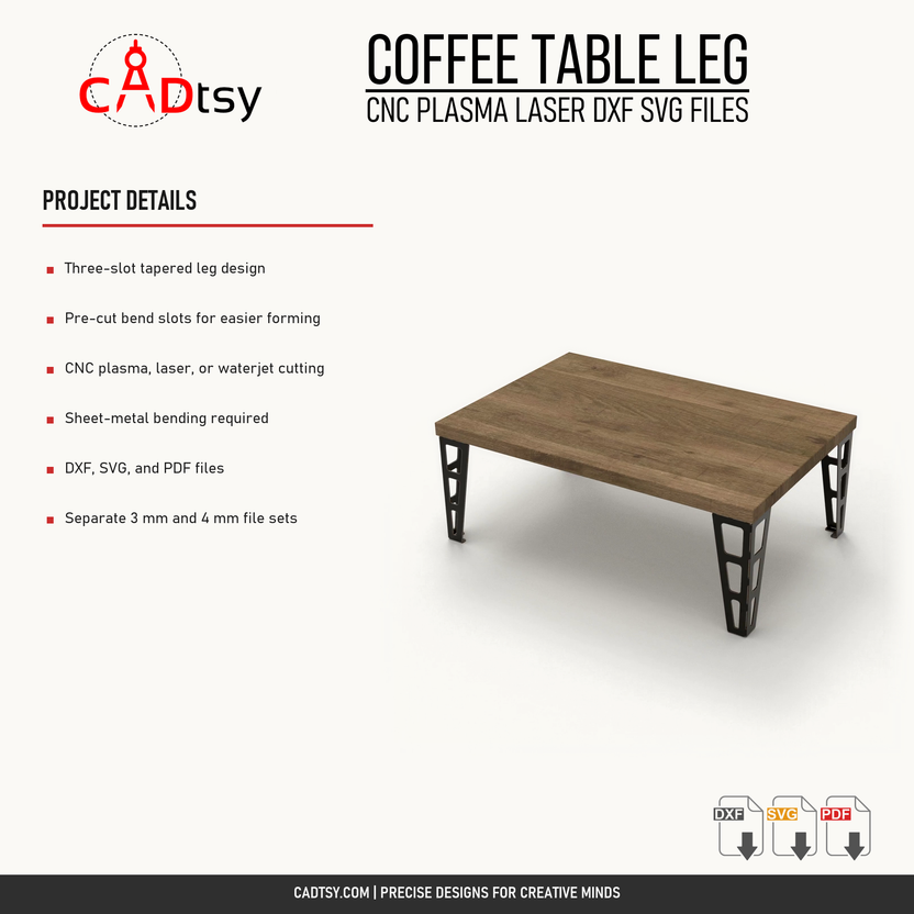 Three-slot table leg materials, bend-slot design, cutting methods, and included files