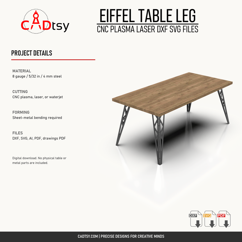 Eiffel table-leg material, CNC cutting, forming, and included-file details