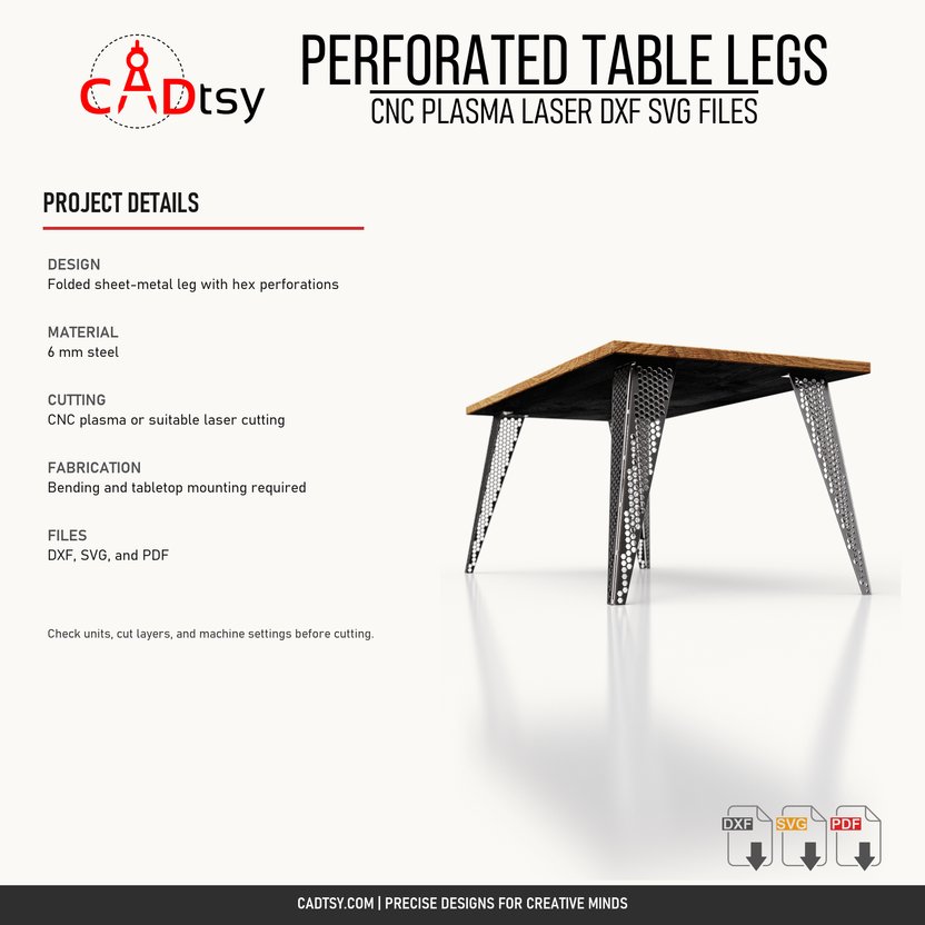 Perforated table-leg design, cutting, fabrication, and included-file details
