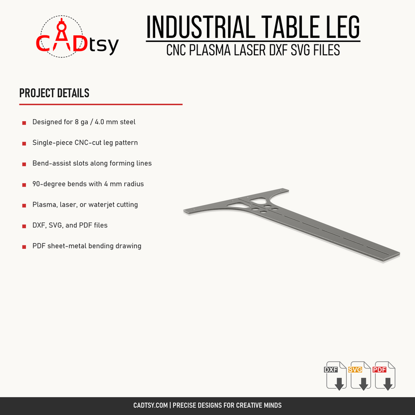 Material, bending, cutting, and included file details for the industrial table leg
