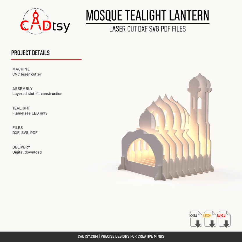 Mosque lantern laser-cut files, slot-fit assembly, LED tealight safety, and digital delivery details