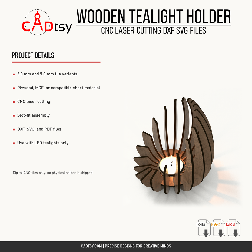 Wooden tealight holder materials, cutting operation, assembly, safety, and included files