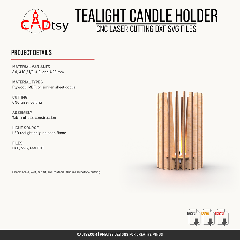 Material, laser cutting, assembly, LED-only use, and included-file details