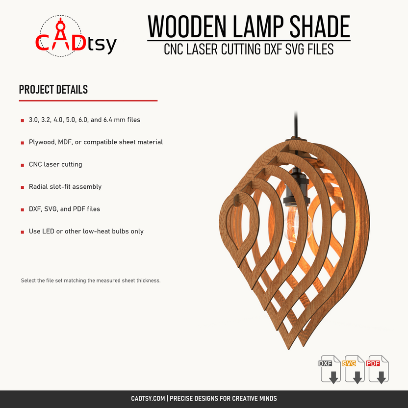 Wooden lamp shade material variants, cutting method, assembly, safety, and included files