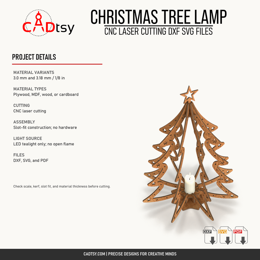 Material, cutting, assembly, LED-only use, and included-file details