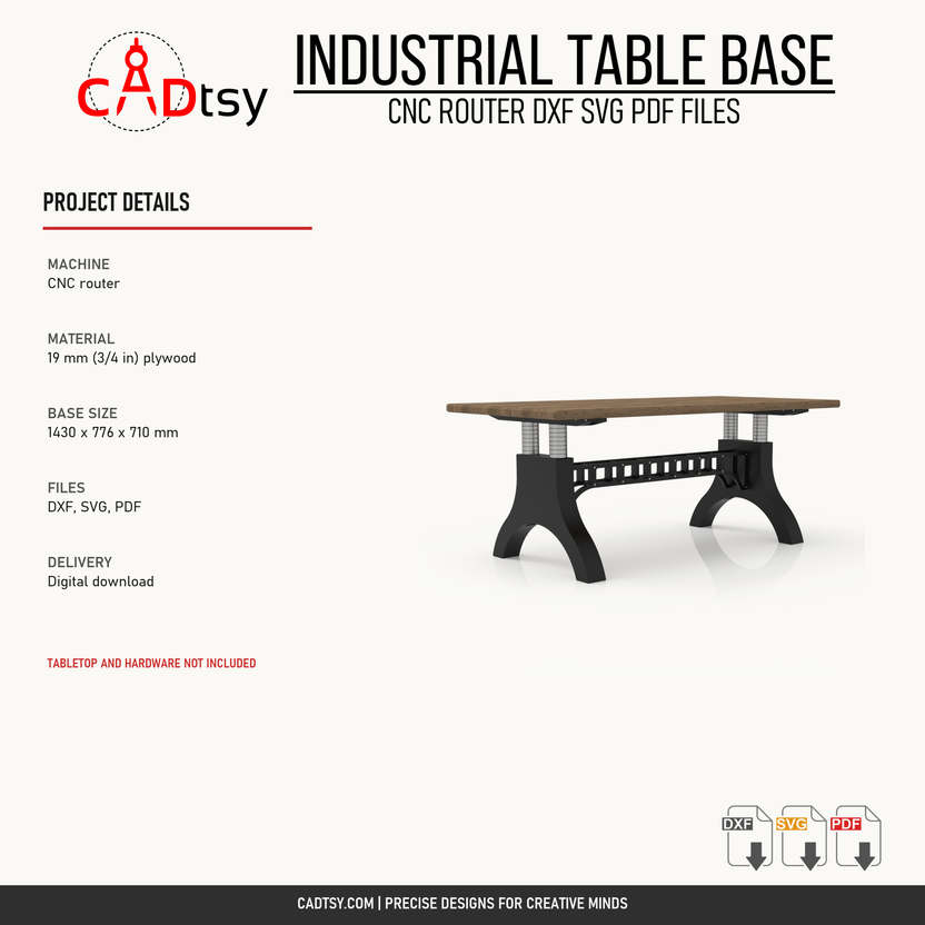CNC router, 19 millimeter plywood, base dimensions, file formats, and digital delivery details