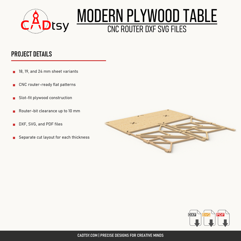 Material, joinery, router clearance, and included file details for the plywood table