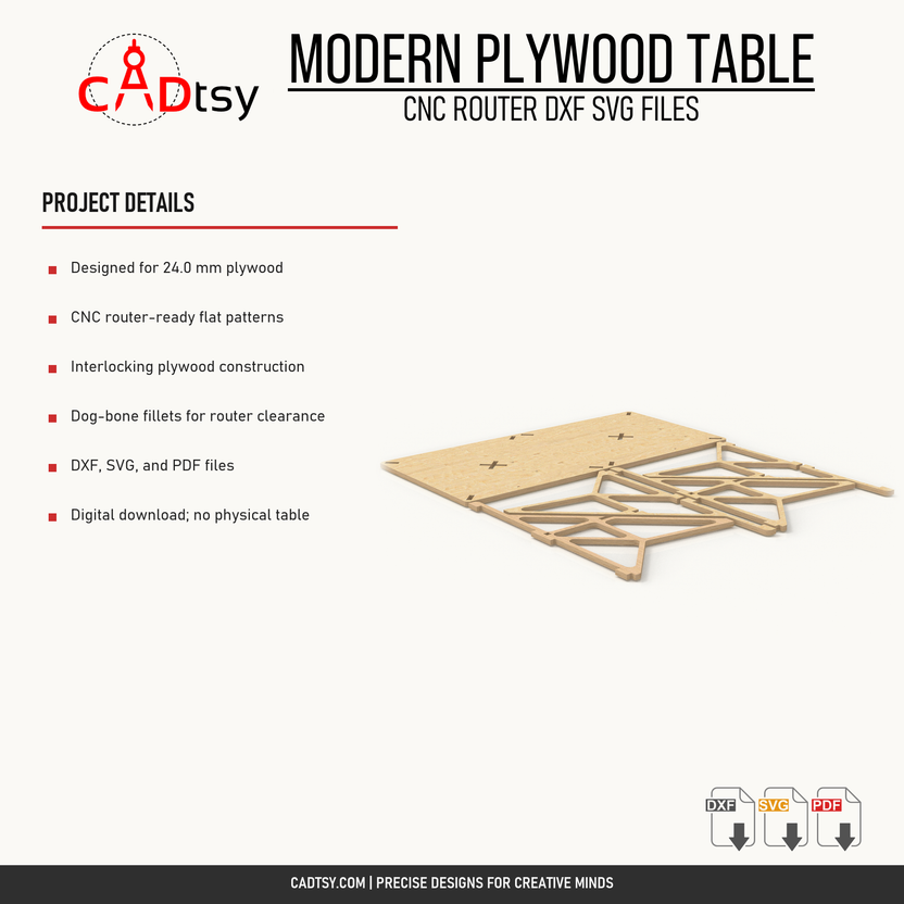 Material, construction, and included file details for the 1700 millimeter plywood table