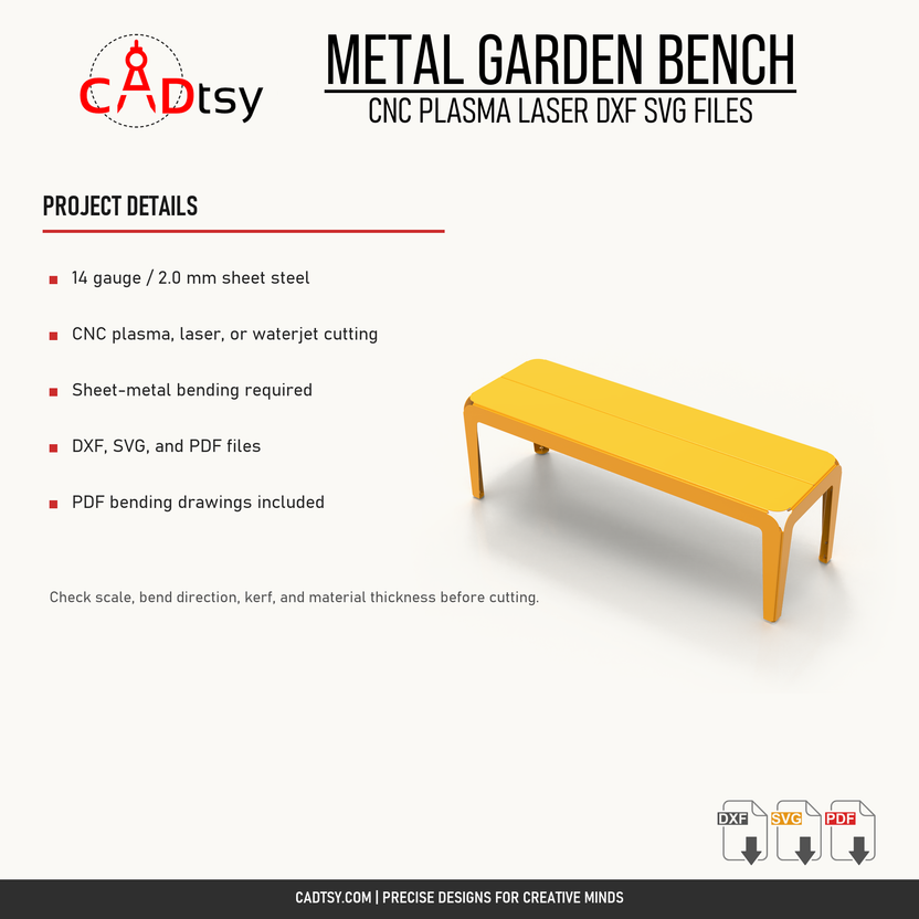 Material, cutting, bending, and included file details for the metal bench