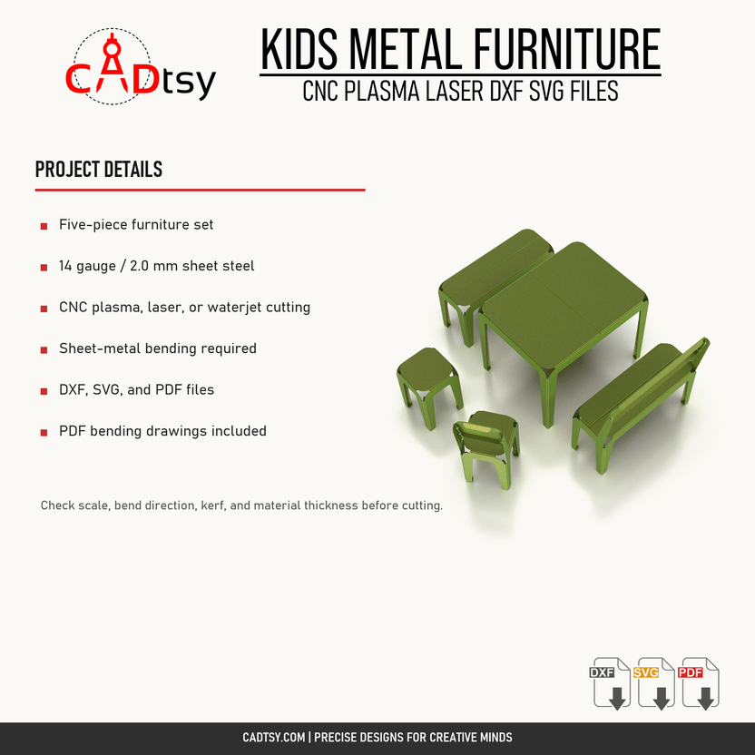 Material, cutting, bending, and included file details for the kids furniture set