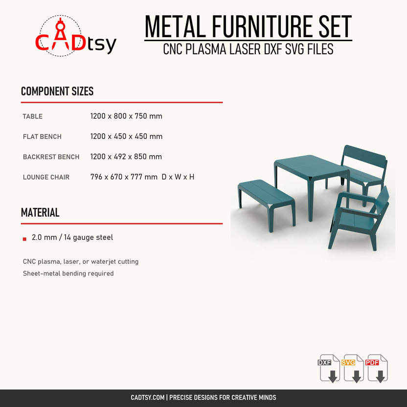 Verified component dimensions and 2 millimeter steel specification for the furniture set