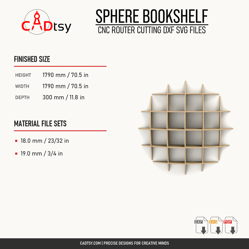 Sphere bookshelf finished dimensions and 18 millimeter and 19 millimeter file variants