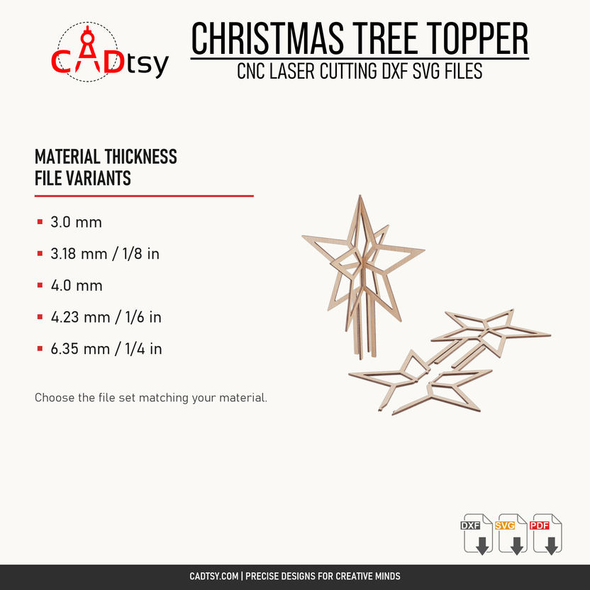 Christmas tree topper star files include five metric and imperial material thickness variants