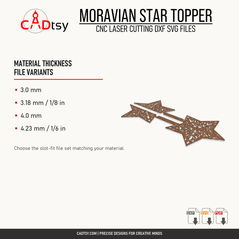 Material thickness file variants for the Moravian star DXF and SVG design