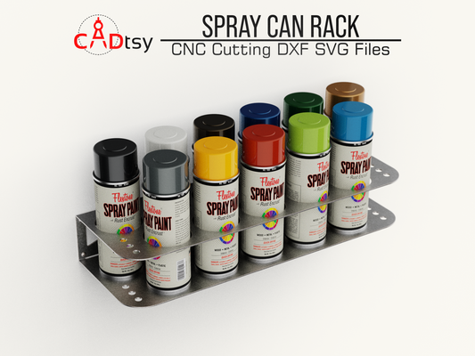 Spray Can Rack DXF SVG Laser Plasma Cutting Files - A workshop tool organizer designed to hold 11 spray cans, shown with precision CNC cutting patterns in DXF and SVG file formats.