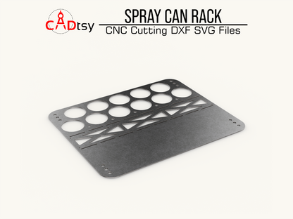Spray Can Rack DXF SVG Laser Plasma Cutting Files - A workshop tool organizer designed to hold 11 spray cans, shown with precision CNC cutting patterns in DXF and SVG file formats.
