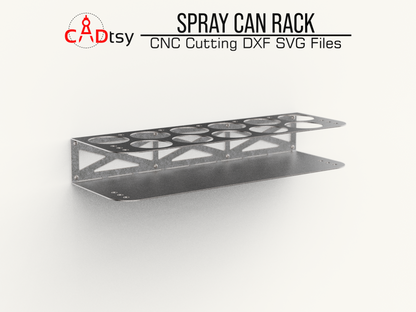 Spray Can Rack DXF SVG Laser Plasma Cutting Files - A workshop tool organizer designed to hold 11 spray cans, shown with precision CNC cutting patterns in DXF and SVG file formats.