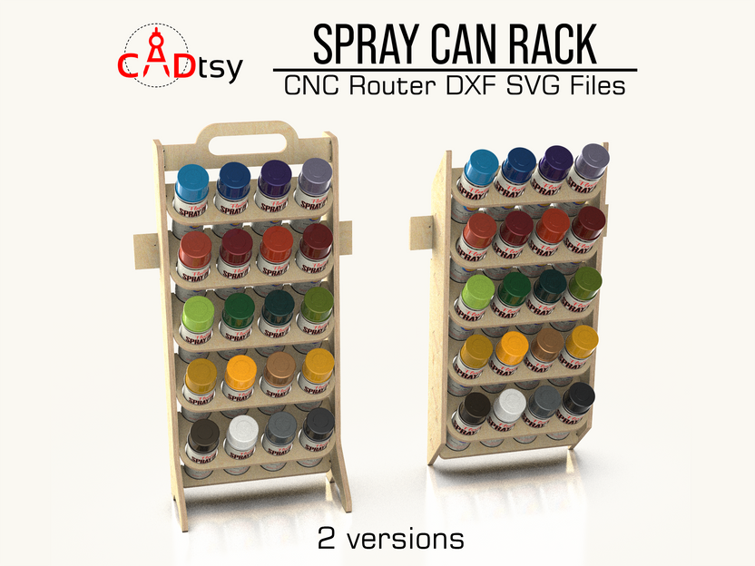 Two wooden spray can rack versions filled with paint cans