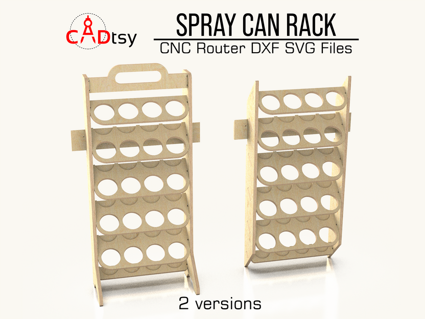 Front view of empty wooden spray can racks with round can openings