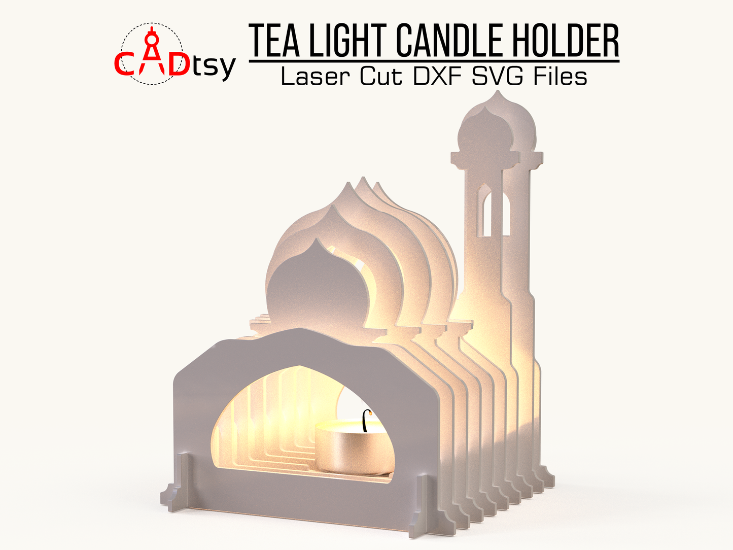 Mosque-shaped tea light candle holder made from laser-cut layers, with a glowing tea light inside. Islamic Ramadan gift decor. Design available as SVG and DXF files for laser cutting machines like Glowforge and Cricut