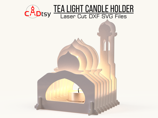 Mosque-shaped tea light candle holder made from laser-cut layers, with a glowing tea light inside. Islamic Ramadan gift decor. Design available as SVG and DXF files for laser cutting machines like Glowforge and Cricut