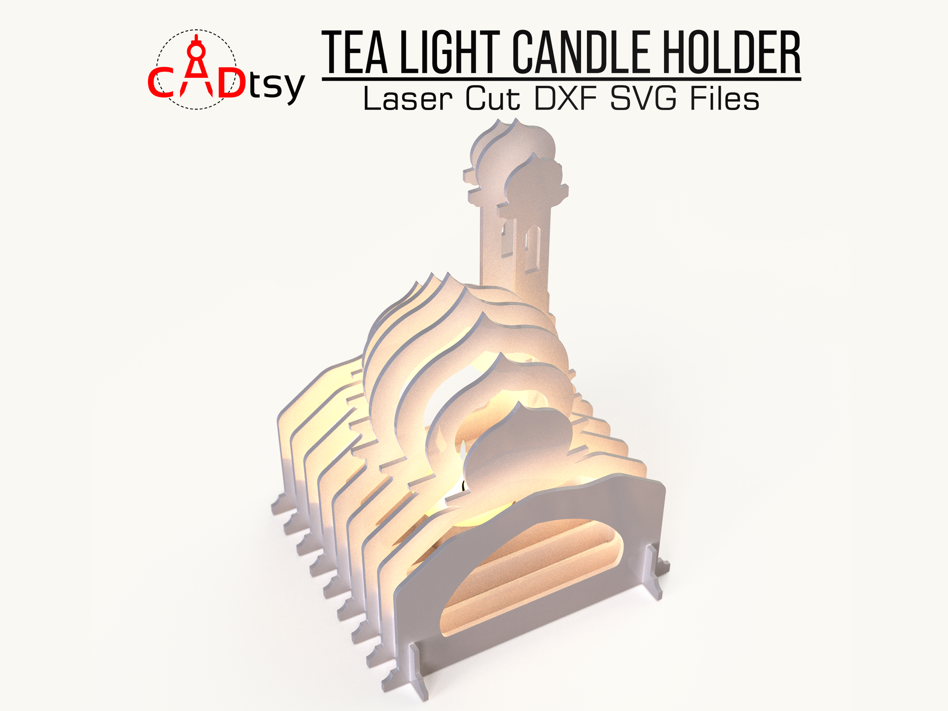 Mosque-shaped tea light candle holder made from laser-cut layers, with a glowing tea light inside. Islamic Ramadan gift decor. Design available as SVG and DXF files for laser cutting machines like Glowforge and Cricut