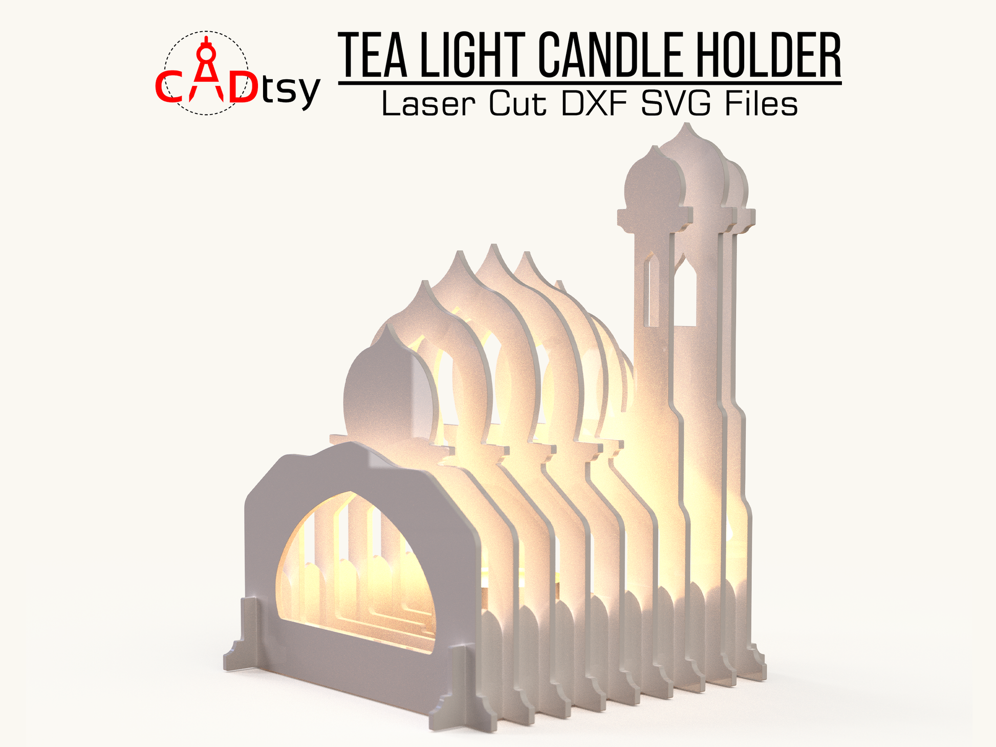 Mosque-shaped tea light candle holder made from laser-cut layers, with a glowing tea light inside. Islamic Ramadan gift decor. Design available as SVG and DXF files for laser cutting machines like Glowforge and Cricut