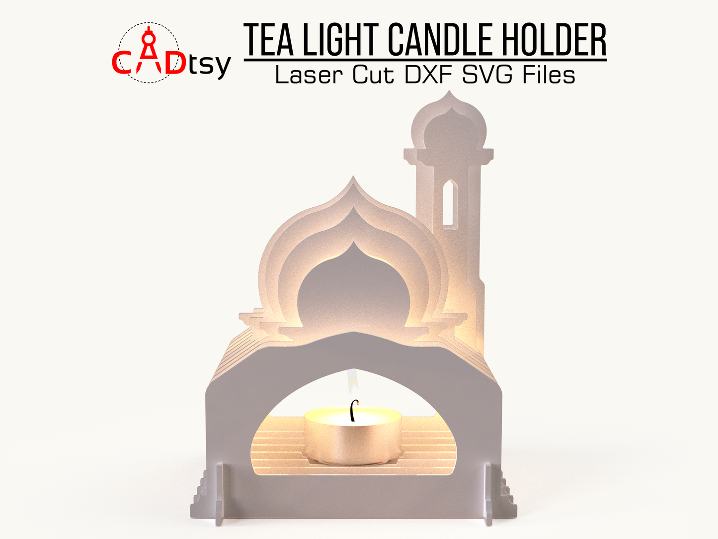 Mosque-shaped tea light candle holder made from laser-cut layers, with a glowing tea light inside. Islamic Ramadan gift decor. Design available as SVG and DXF files for laser cutting machines like Glowforge and Cricut