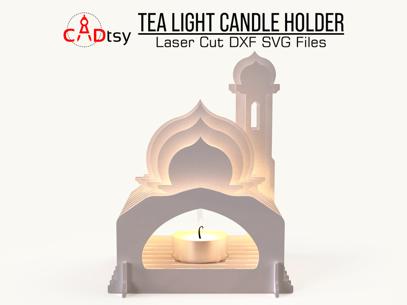 Front view of mosque tea light holder with candle inside