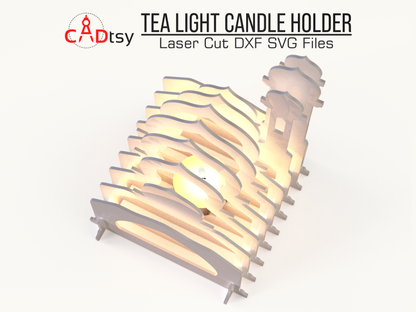 Mosque-shaped tea light candle holder made from laser-cut layers, with a glowing tea light inside. Islamic Ramadan gift decor. Design available as SVG and DXF files for laser cutting machines like Glowforge and Cricut