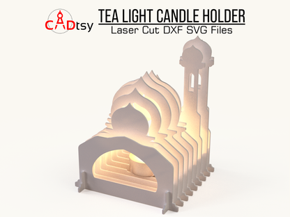 Mosque-shaped tea light candle holder made from laser-cut layers, with a glowing tea light inside. Islamic Ramadan gift decor. Design available as SVG and DXF files for laser cutting machines like Glowforge and Cricut