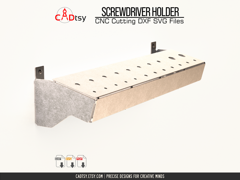 Empty wall-mounted metal screwdriver rack with two rows of tool slots